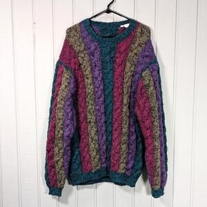 Vintage Multi-Color Striped Chunky Cable Knit 100% Wool Pullover Sweater Large